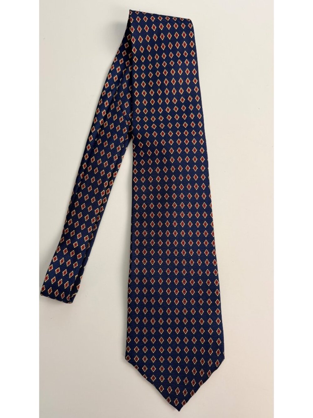 Cromley & Finch Navy Blue Silk Tie With Red & Yellow Diamond Print Handmade